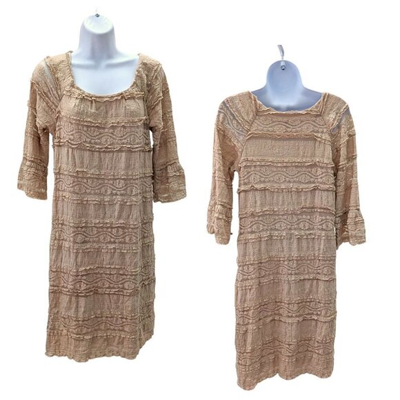 RABBIT RABBIT RABBIT DESIGNS Beige Trumpet Sleeve Lace Shift Dress Cottage Sz 10 - Picture 1 of 6